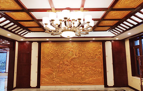 三河中式别墅客厅中式木作横梁吊顶装饰展示